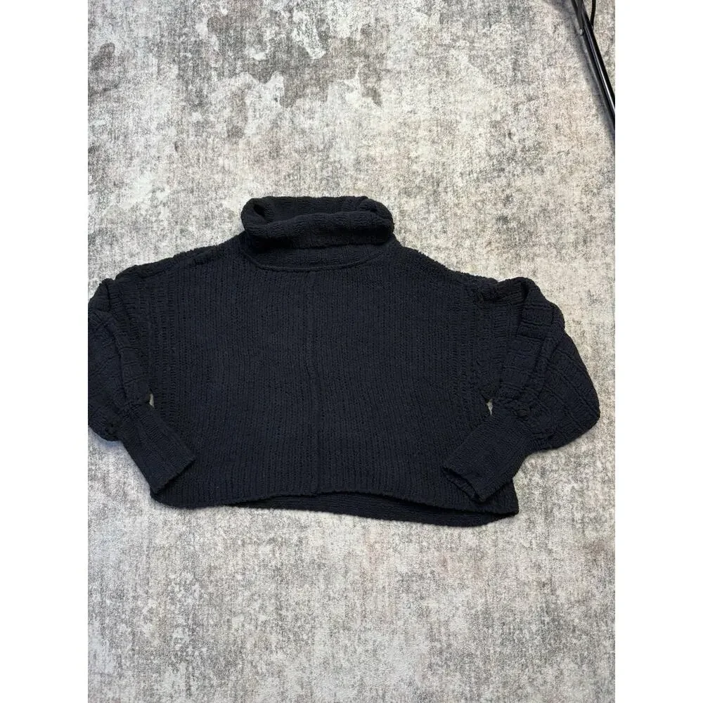 Women Free People Be Yours Black Cowl Neck Pullover Sweater Slouchy Boxy Cozy S